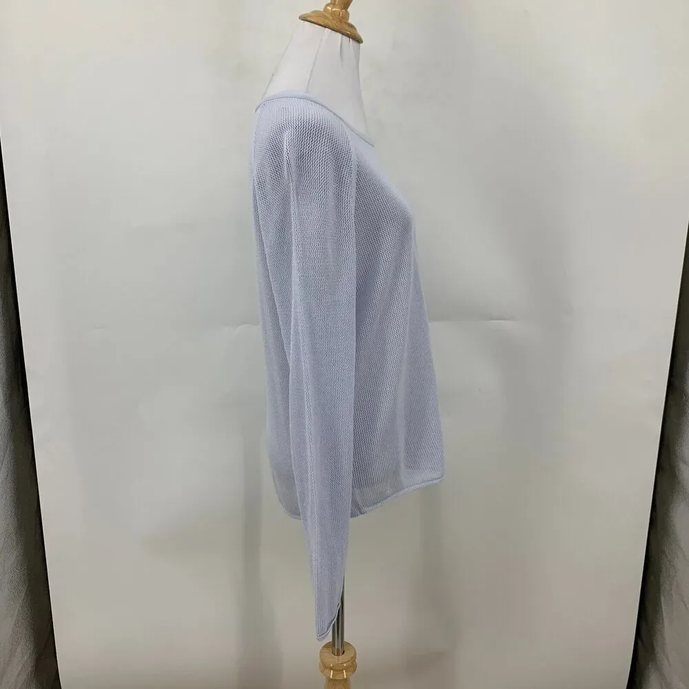 Eileen Fisher Crochet Sweater Womens M Medium Blue Tencel Lyocell Raglan Seams